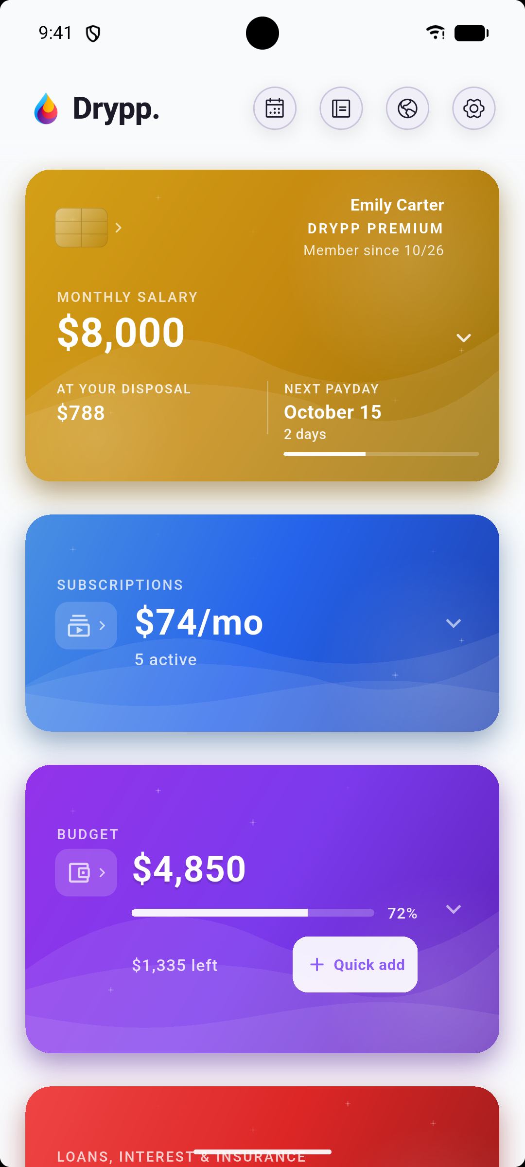 Drypp home overview with salary, subscriptions and budget