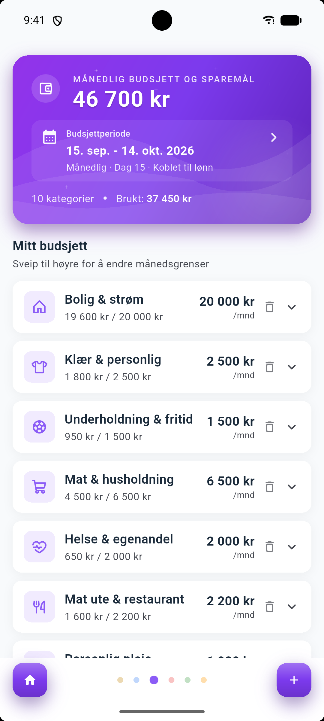 Drypp-budsjett med kategorier og forbruk