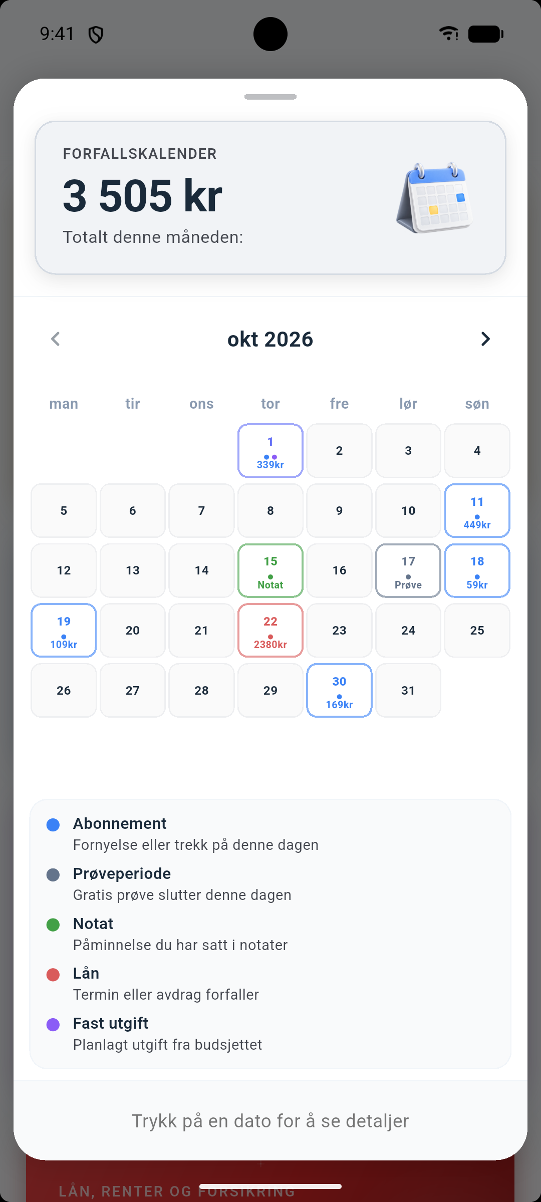 Drypp-kalender med forfallsdatoer